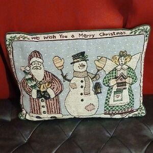 Vintage Merry Christmas Pillow with Santa, Snowman, and Angel